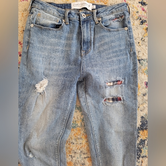 Gypsy Warrior Distressed Skinny Jean Sz 5 plaid patches - Picture 7 of 8